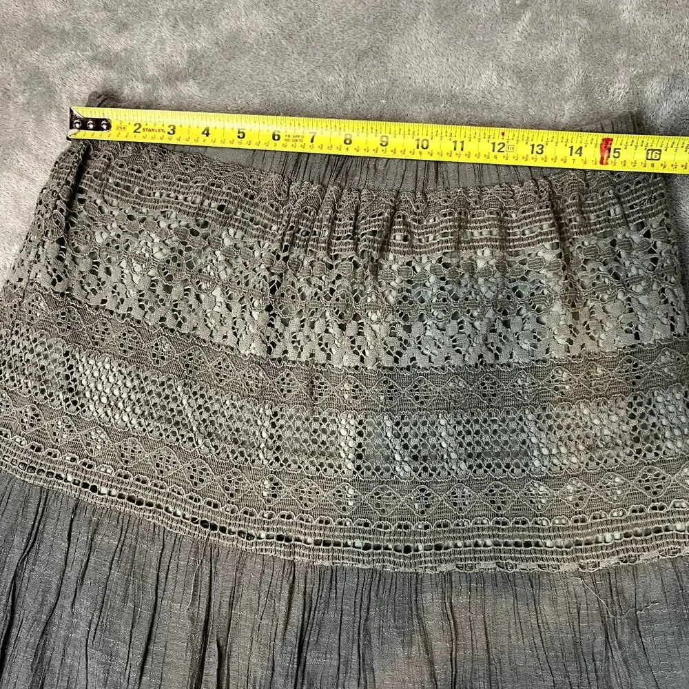 J.Crew‎ Tiered Maxi Skirt Womens L Gray Embroidered Lined Rayon Eyelet Lace-Trim